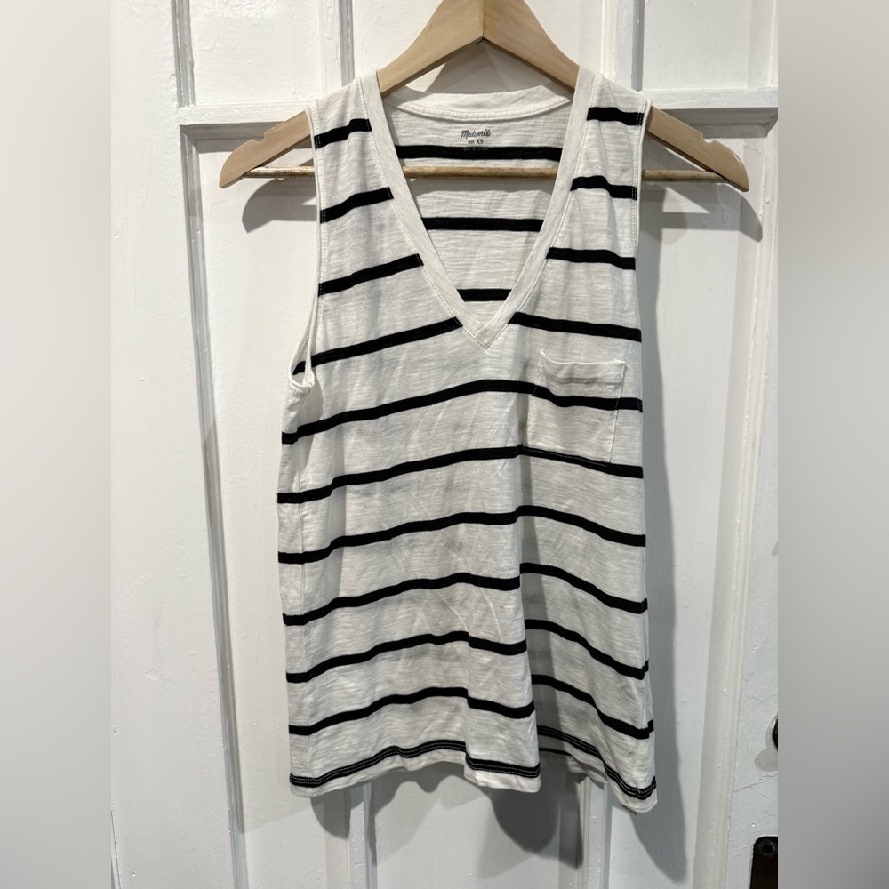 Madewell Black and White Striped V-Neck Tank Top